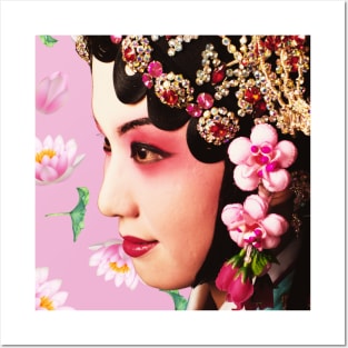 Chinese Opera Star with Lotus Flowers & Geometric Pattern- Hong Kong Retro Posters and Art